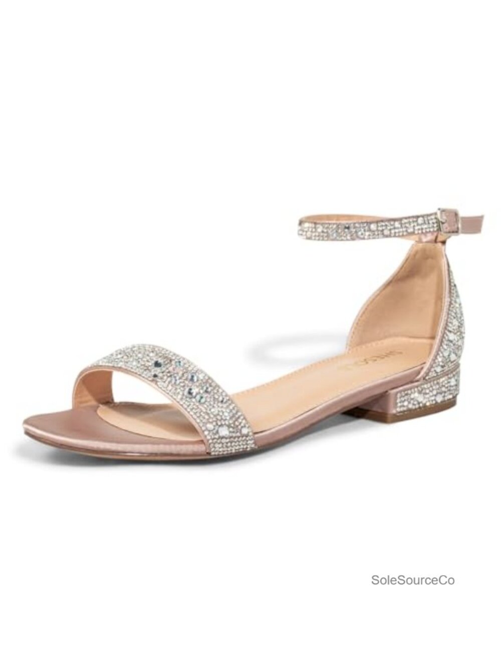 Wide Width Rhinestone Low Block Heel Sandals Ankle Strap